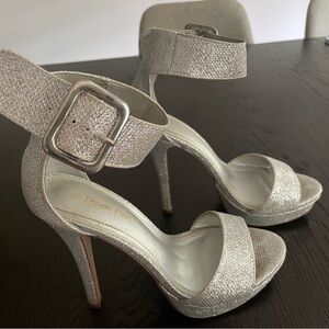 Silver Glitter Ankle Strap Pump Heel Sandals